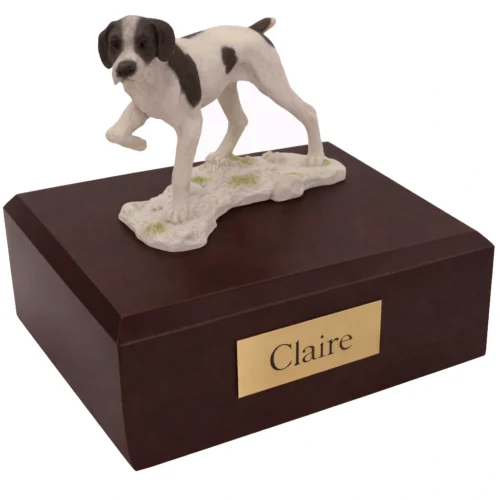 Memorial cremation urn with standing Pointer dog figurine, walnut finish
