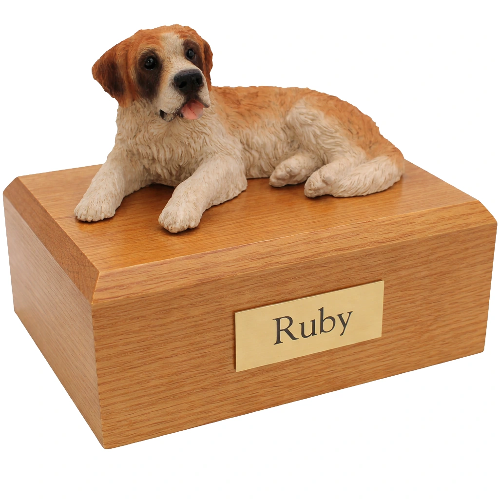 Memorial cremation urn with laying Saint Bernard dog figurine, oak finish