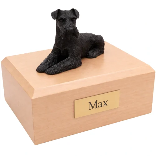 Memorial cremation urn with laying black ears down Schnauzer dog figurine, maple finish