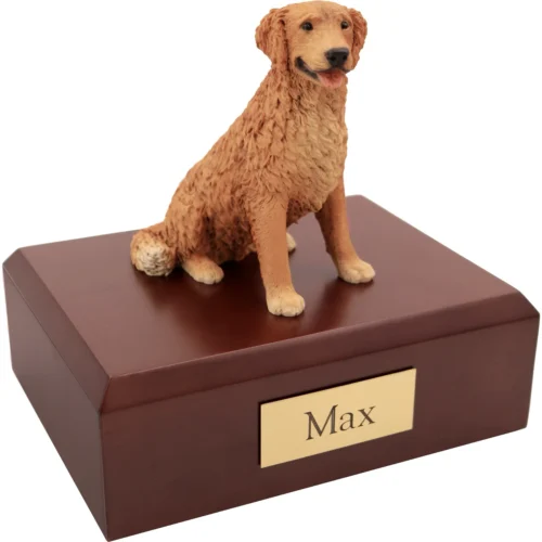 Memorial cremation urn with sitting Golden Retriever dog figurine, walnut finish