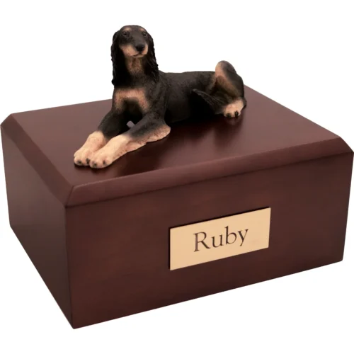 Memorial cremation urn with laying Saluki dog figurine, walnut finish