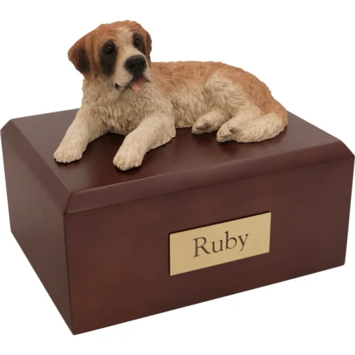 Memorial cremation urn with laying Saint Bernard dog figurine, walnut finish