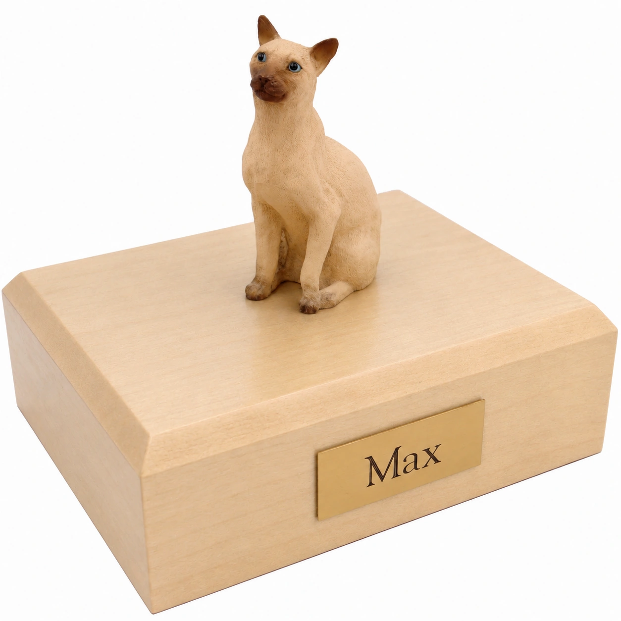 Memorial cremation urn with sitting tan Siamese cat figurine, maple finish