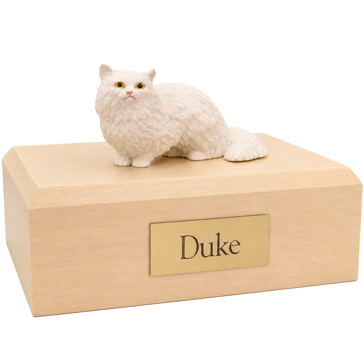 Memorial cremation urn with crouching white Angora cat figurine, maple finish
