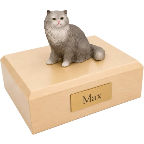 Memorial cremation urn with sitting gray Persian cat figurine, maple finish