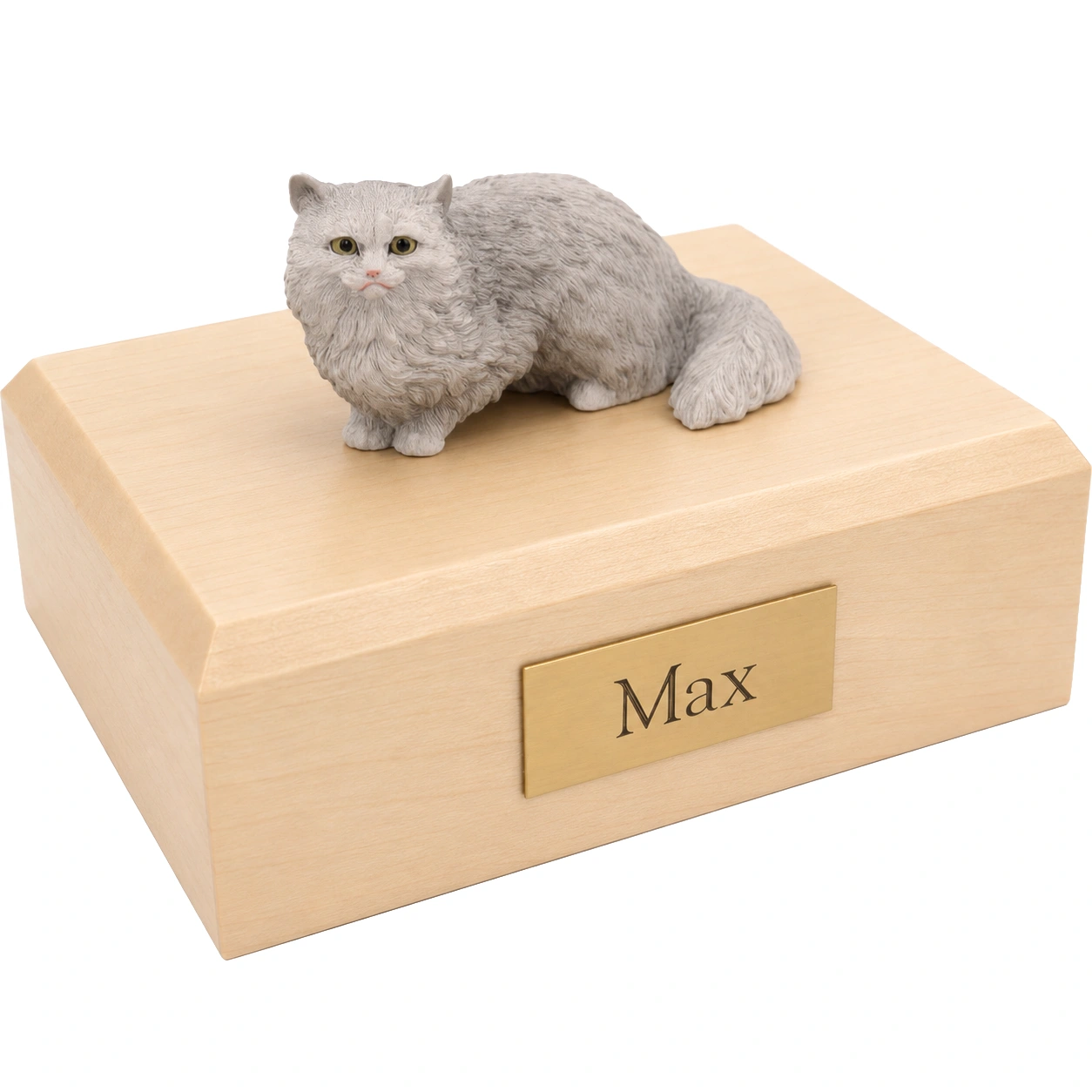 Memorial cremation urn with crouching gray Angora cat figurine, maple finish