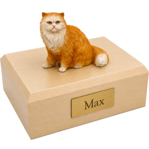 Memorial cremation urn with sitting orange Persian cat figurine, maple finish