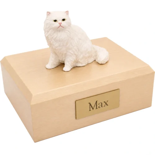 Memorial cremation urn with sitting white Persian cat figurine, maple finish
