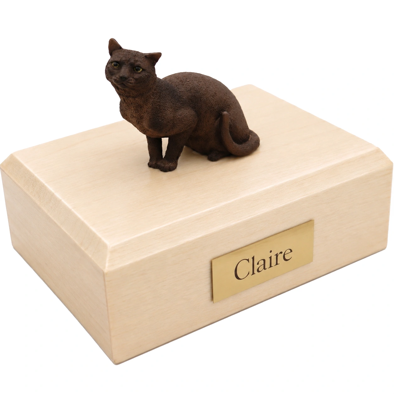 Memorial cremation urn with sitting Burmese Himalayan cat figurine, maple finish