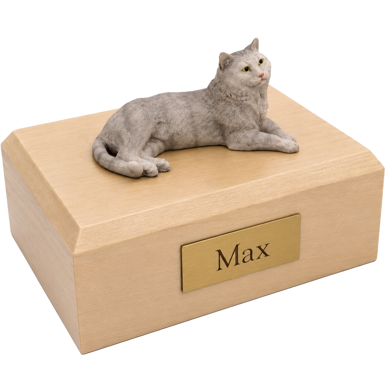 Memorial cremation urn with laying gray Tabby cat figurine, maple finish