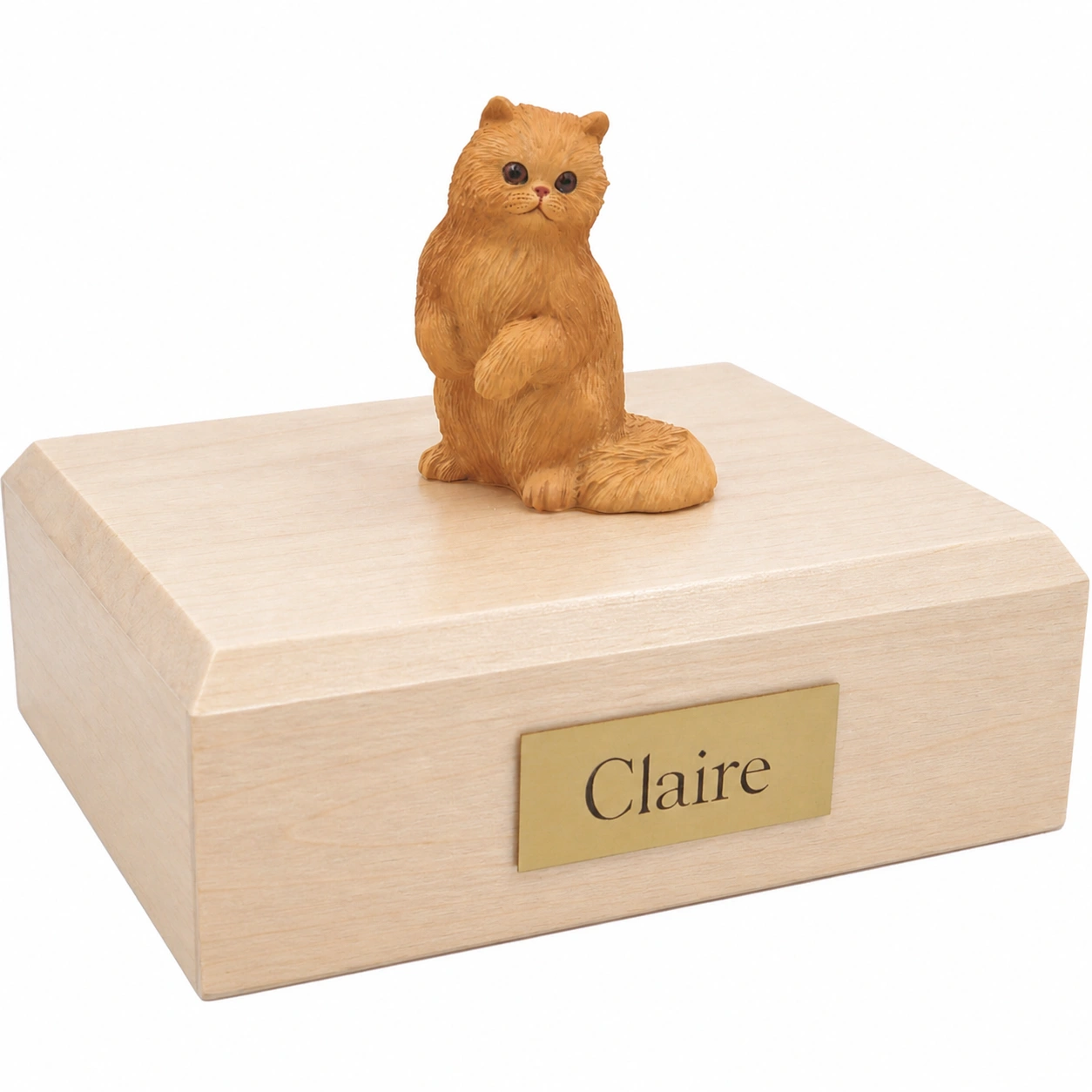 Memorial cremation urn with sitting red Persian cat figurine, maple finish