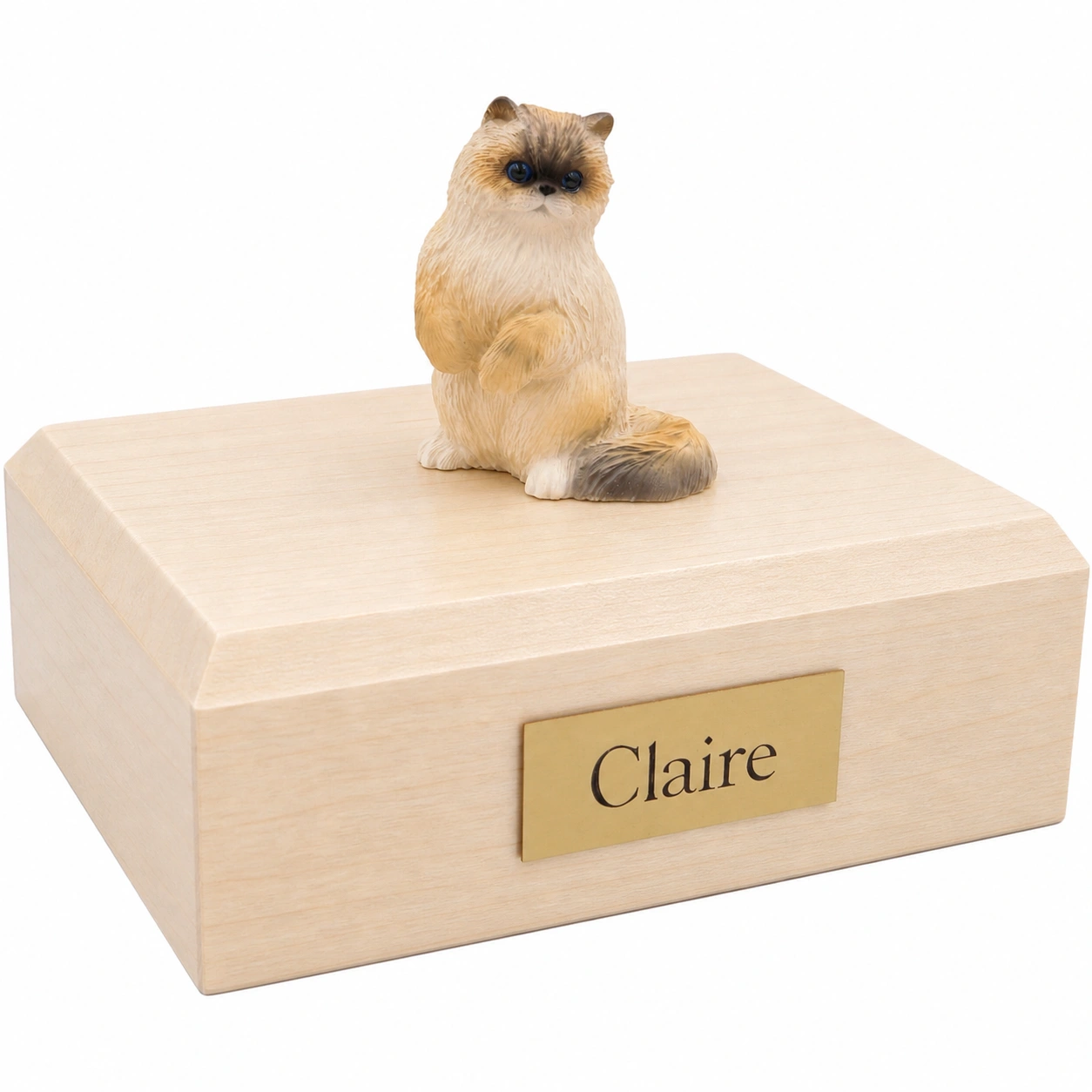 Memorial cremation urn with sitting Ragdoll cat figurine, maple finish