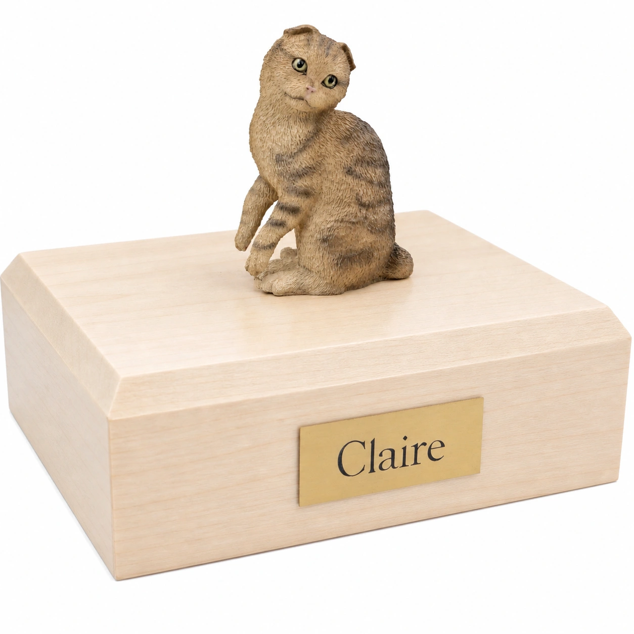 Memorial cremation urn with sitting brown tabby Scottish Fold cat figurine, maple finish