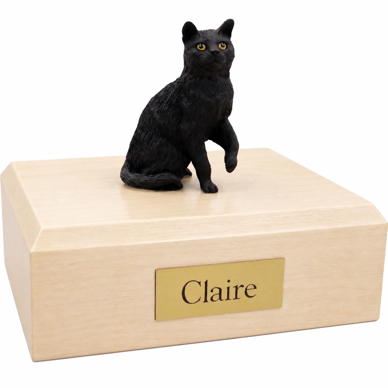 Memorial cremation urn with sitting black shorthaired cat figurine, maple finish