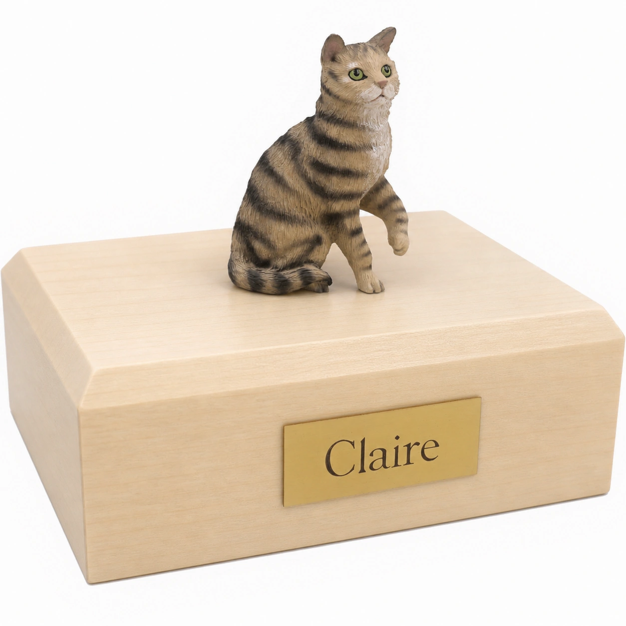 Memorial cremation urn with sitting shorthaired brown tabby cat figurine, maple finish