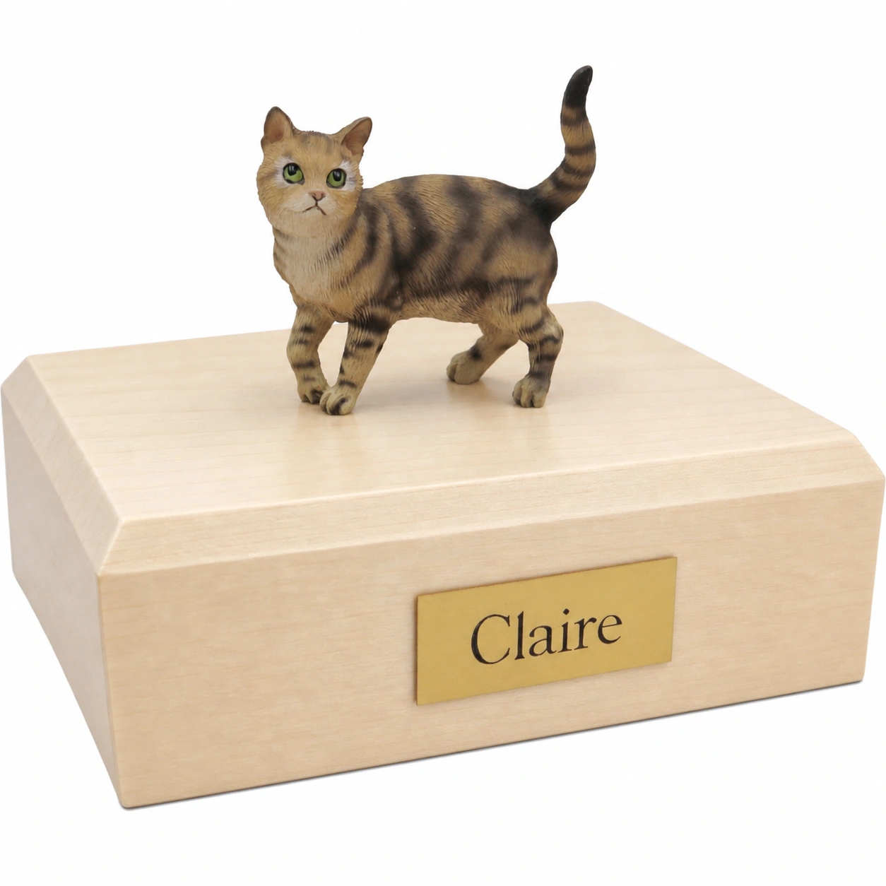 Memorial cremation urn with standing shorthaired cat figurine, maple finish