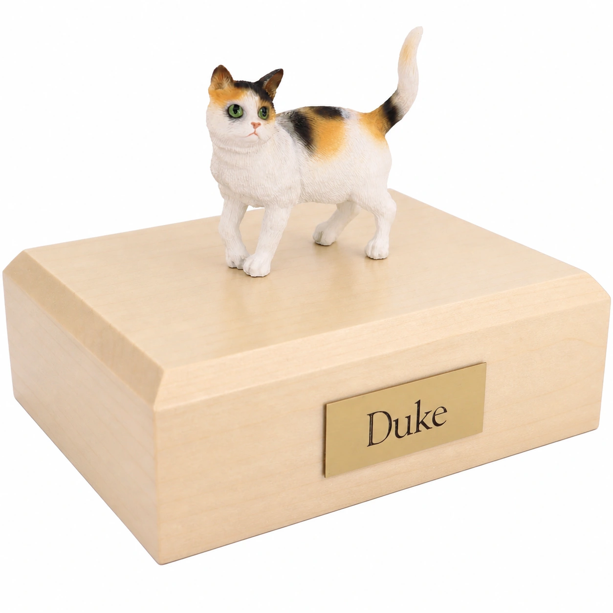 Memorial cremation urn with standing tri-color shorthaired cat figurine, maple finish