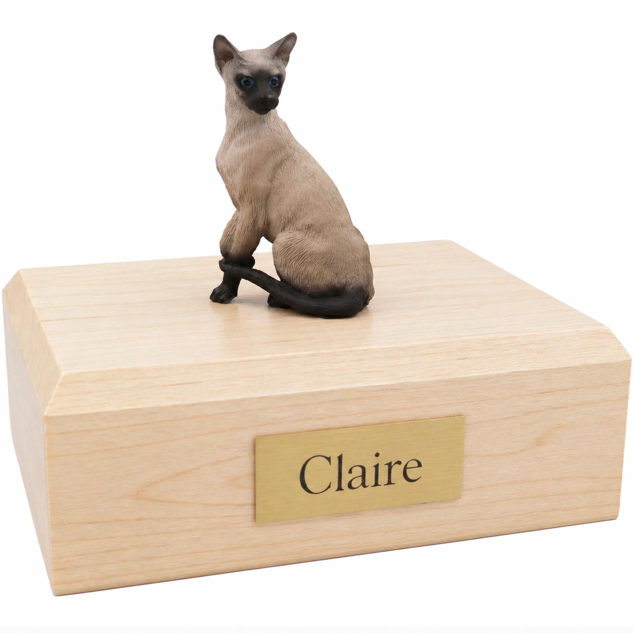 Memorial cremation urn with sitting Siamese cat figurine, maple finish