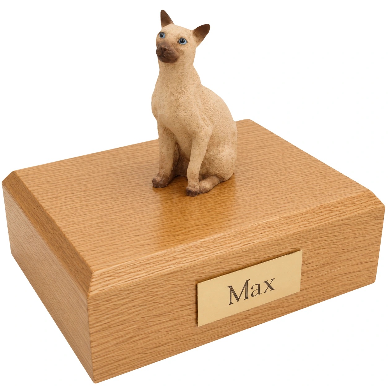 Memorial cremation urn with sitting tan Siamese cat figurine, oak finish