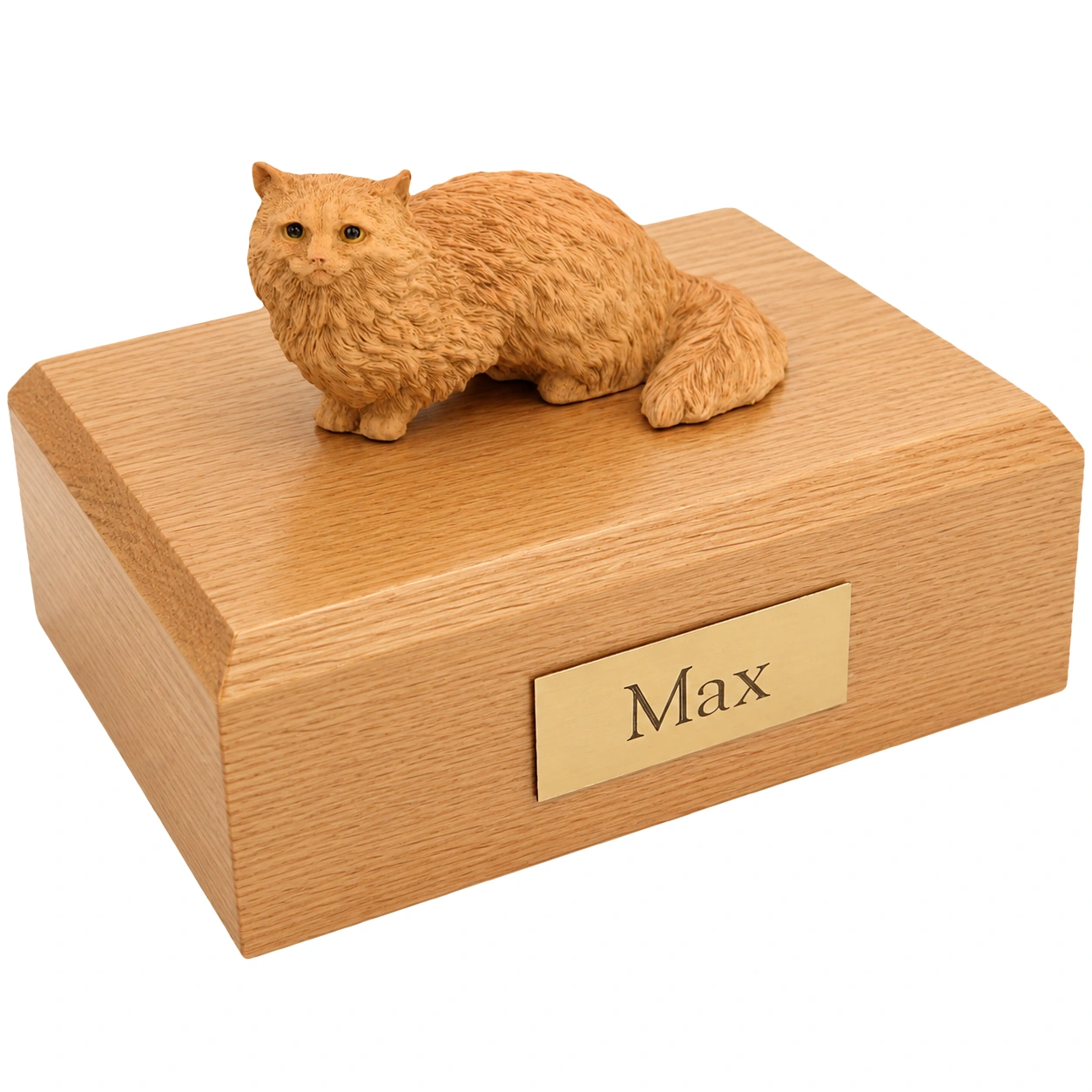 Memorial cremation urn with crouching brown Angora cat figurine, oak finish