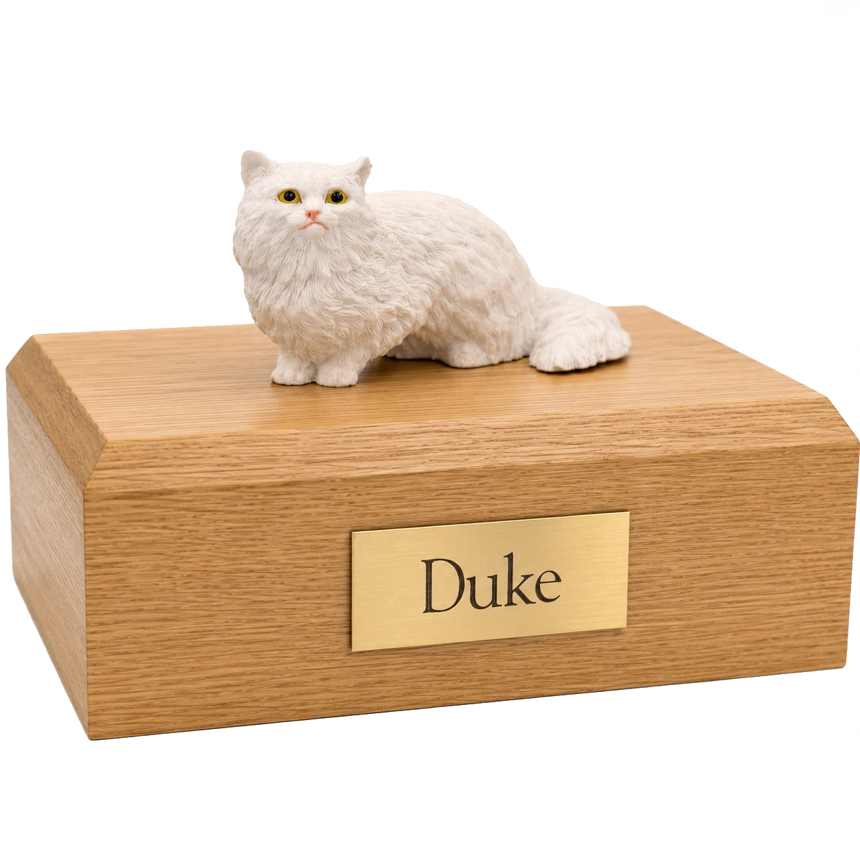 Memorial cremation urn with crouching white Angora cat figurine, oak finish