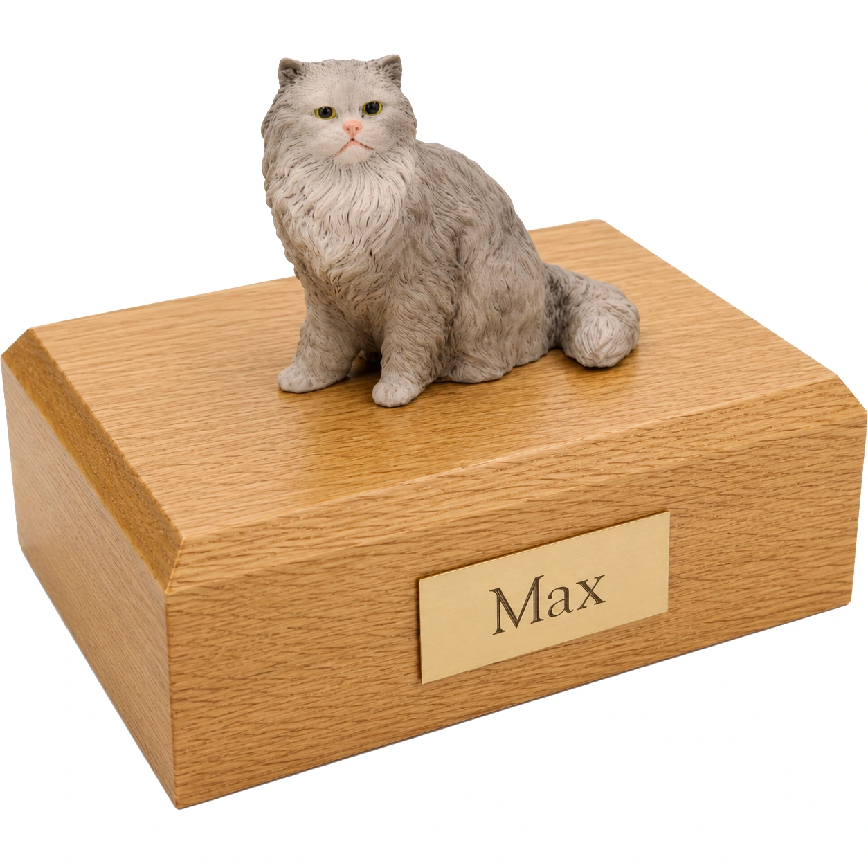 Memorial cremation urn with sitting gray Persian cat figurine, oak finish