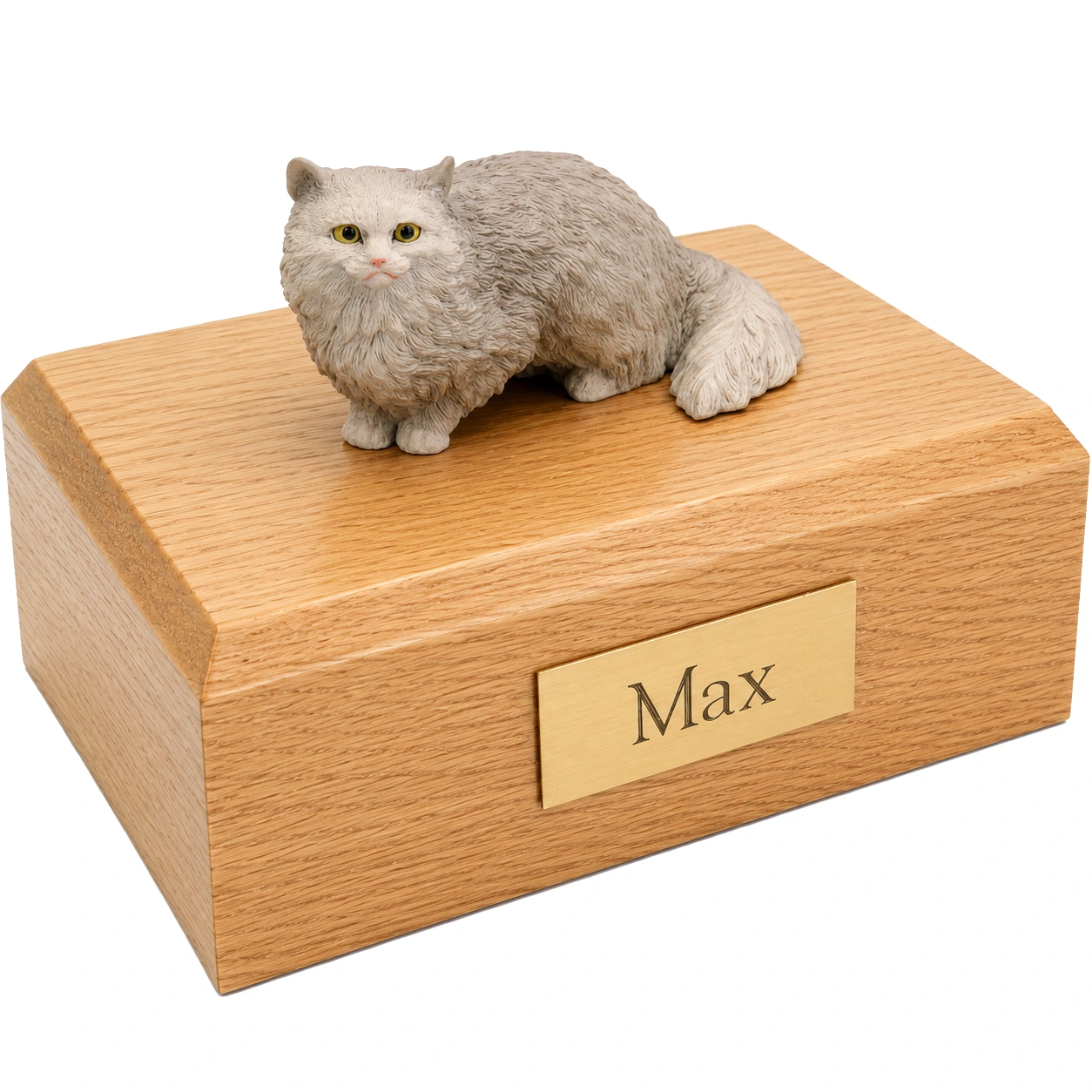 Memorial cremation urn with crouching gray Angora cat figurine, oak finish