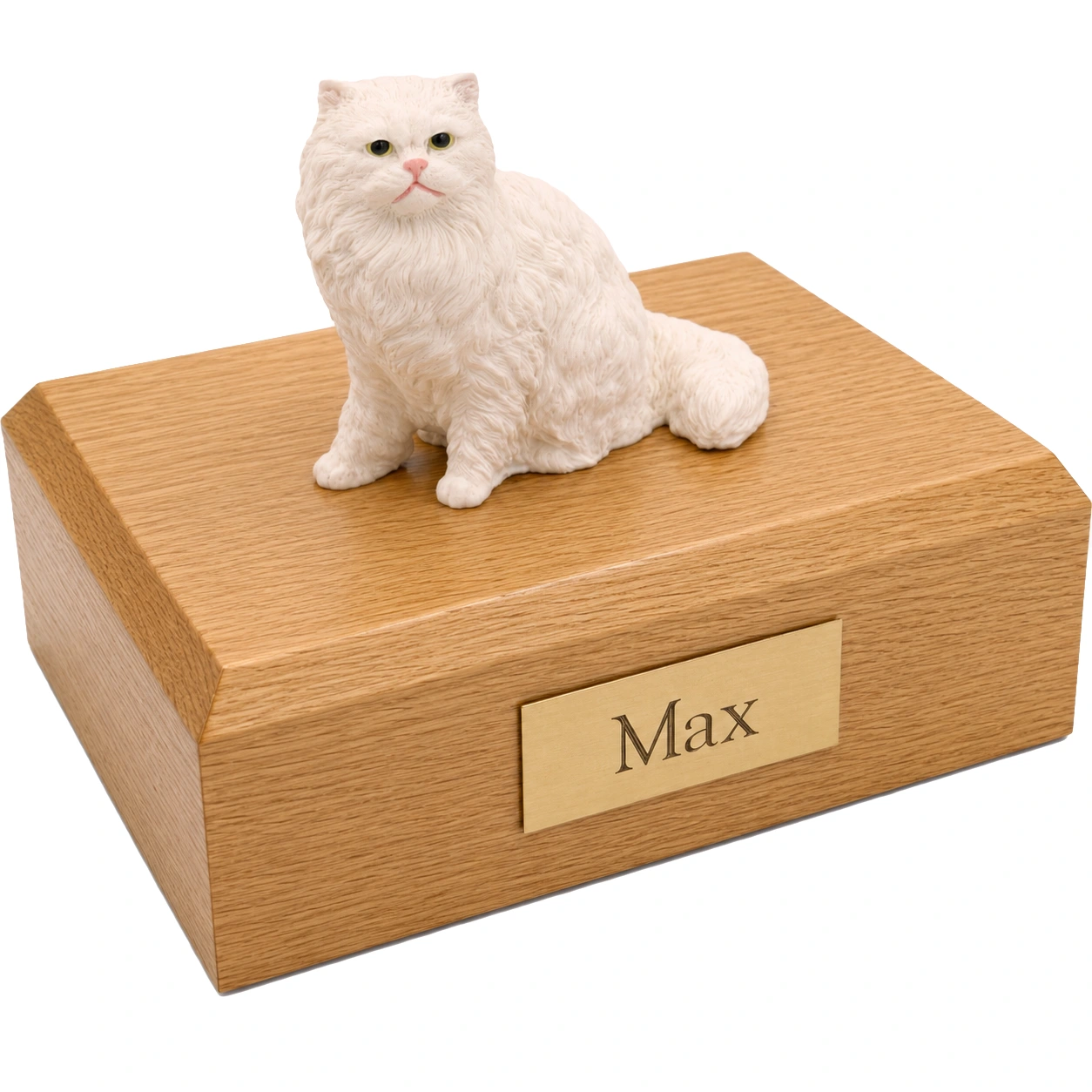 Memorial cremation urn with sitting white Persian cat figurine, oak finish
