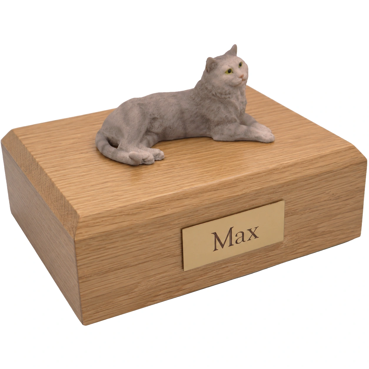 Memorial cremation urn with laying gray Tabby cat figurine, oak finish