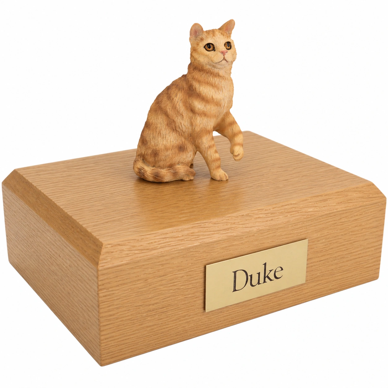 Memorial cremation urn with sitting sitting red shorthaired tabby cat figurine, oak finish