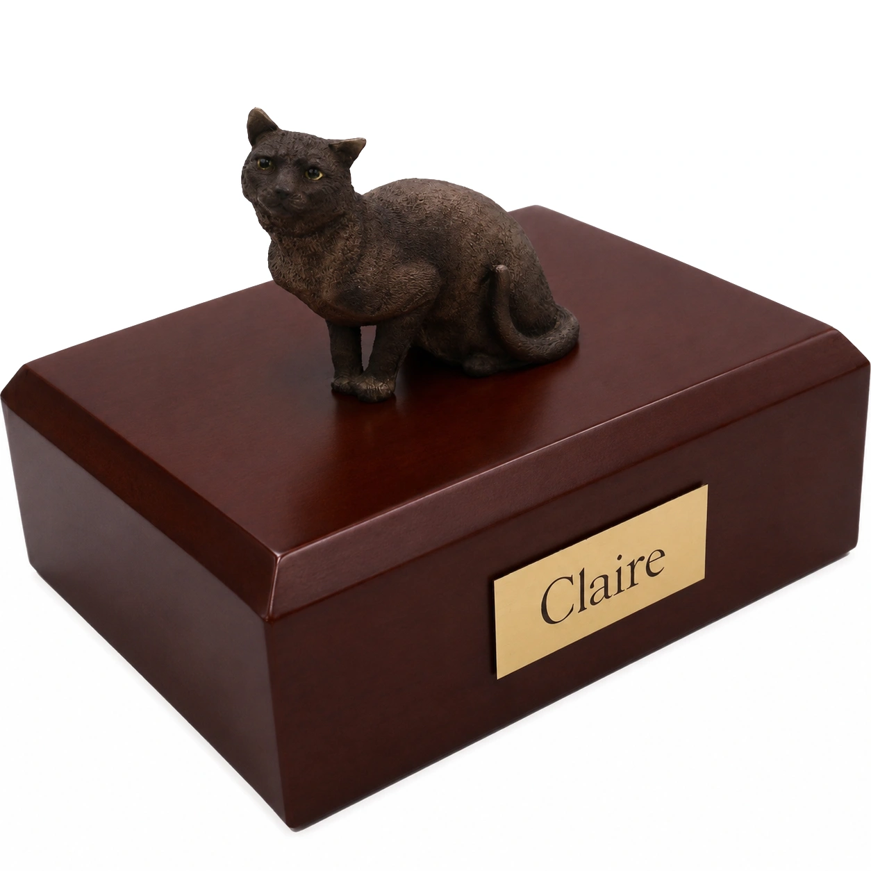 Memorial cremation urn with sitting Burmese Himalayan cat figurine, walnut finish
