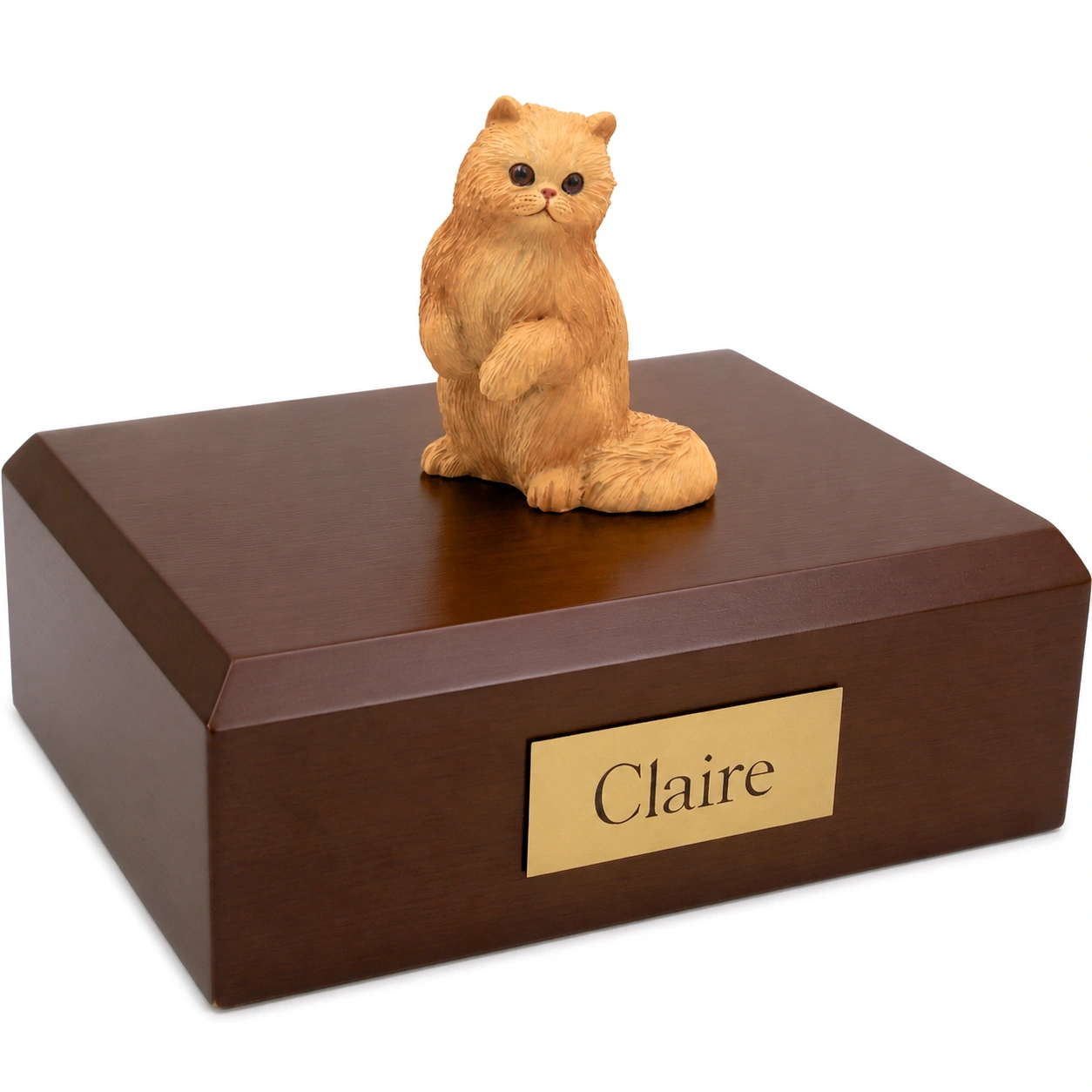 Memorial cremation urn with sitting red Persian cat figurine, walnut finish