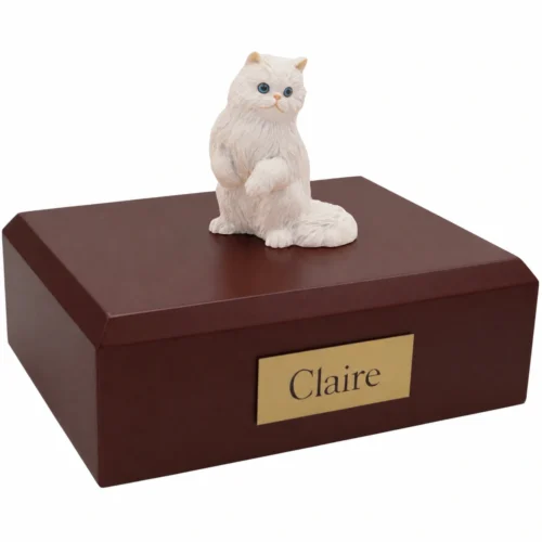 Memorial cremation urn with sitting white Persian cat figurine, walnut finish