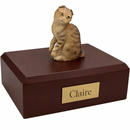 Memorial cremation urn with sitting brown tabby Scottish Fold cat figurine, walnut finish