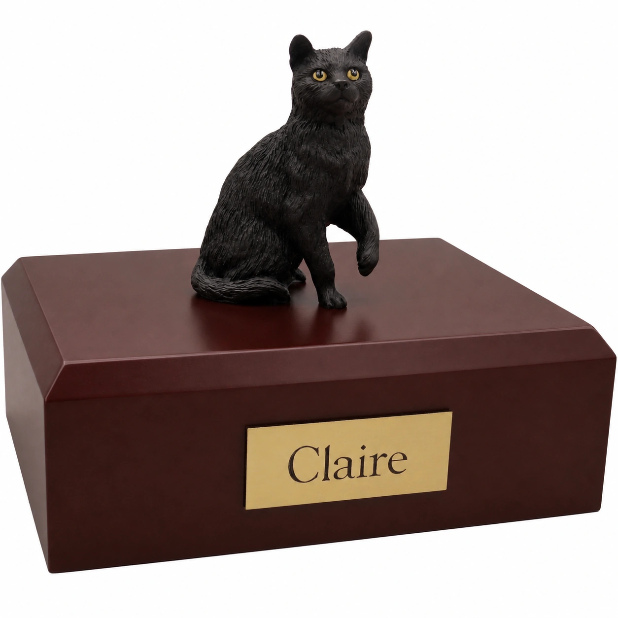 Memorial cremation urn with sitting black Shorthaired black cat figurine, walnut finish
