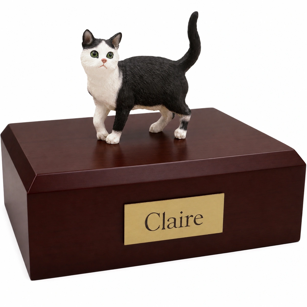 Memorial cremation urn with standing black and white shorthaired tuxedo cat figurine, walnut finish