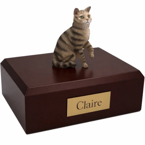 Memorial cremation urn with sitting brown shorthaired tabby cat figurine, walnut finish