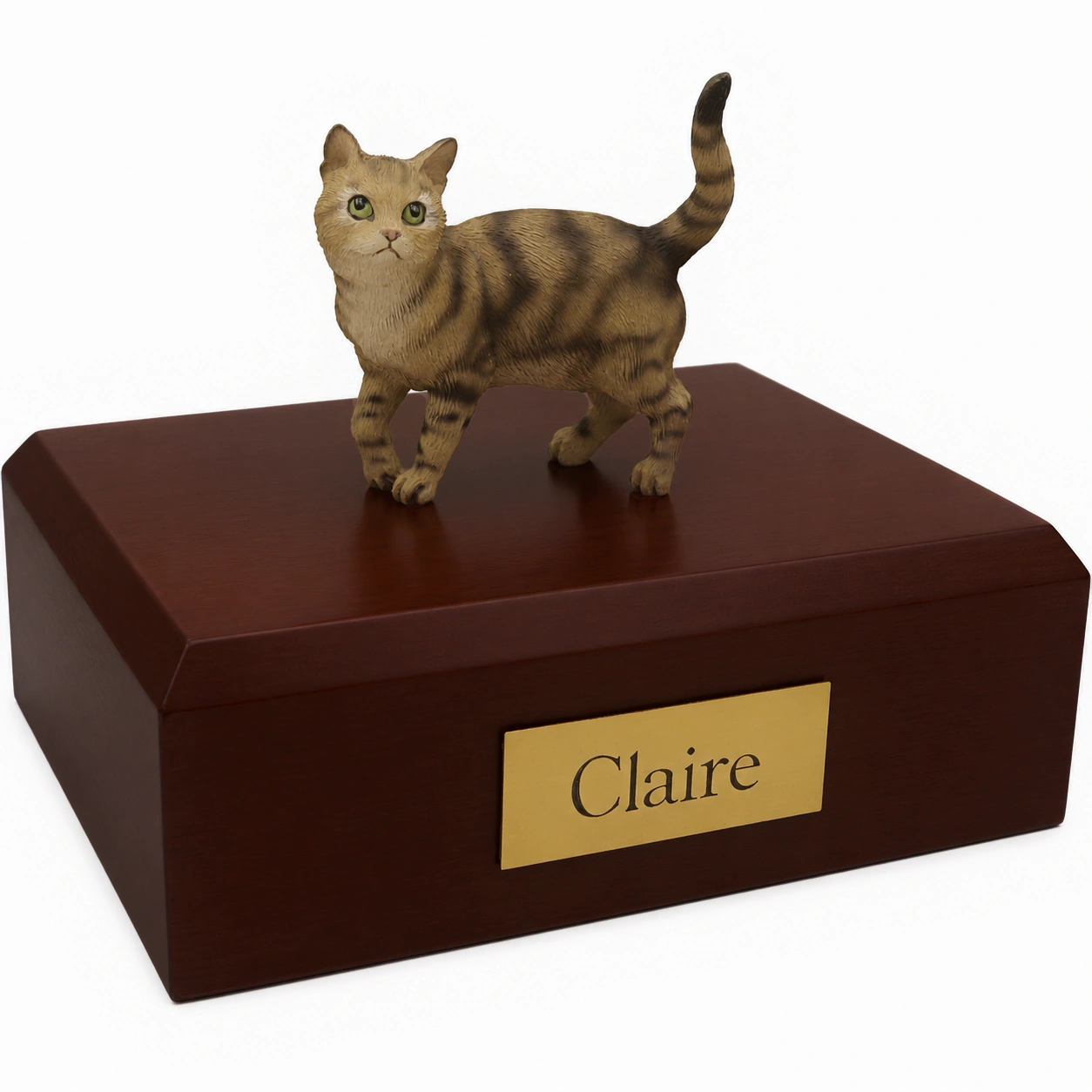 Memorial cremation urn with standing brown shorthaired tabby cat figurine, walnut finish