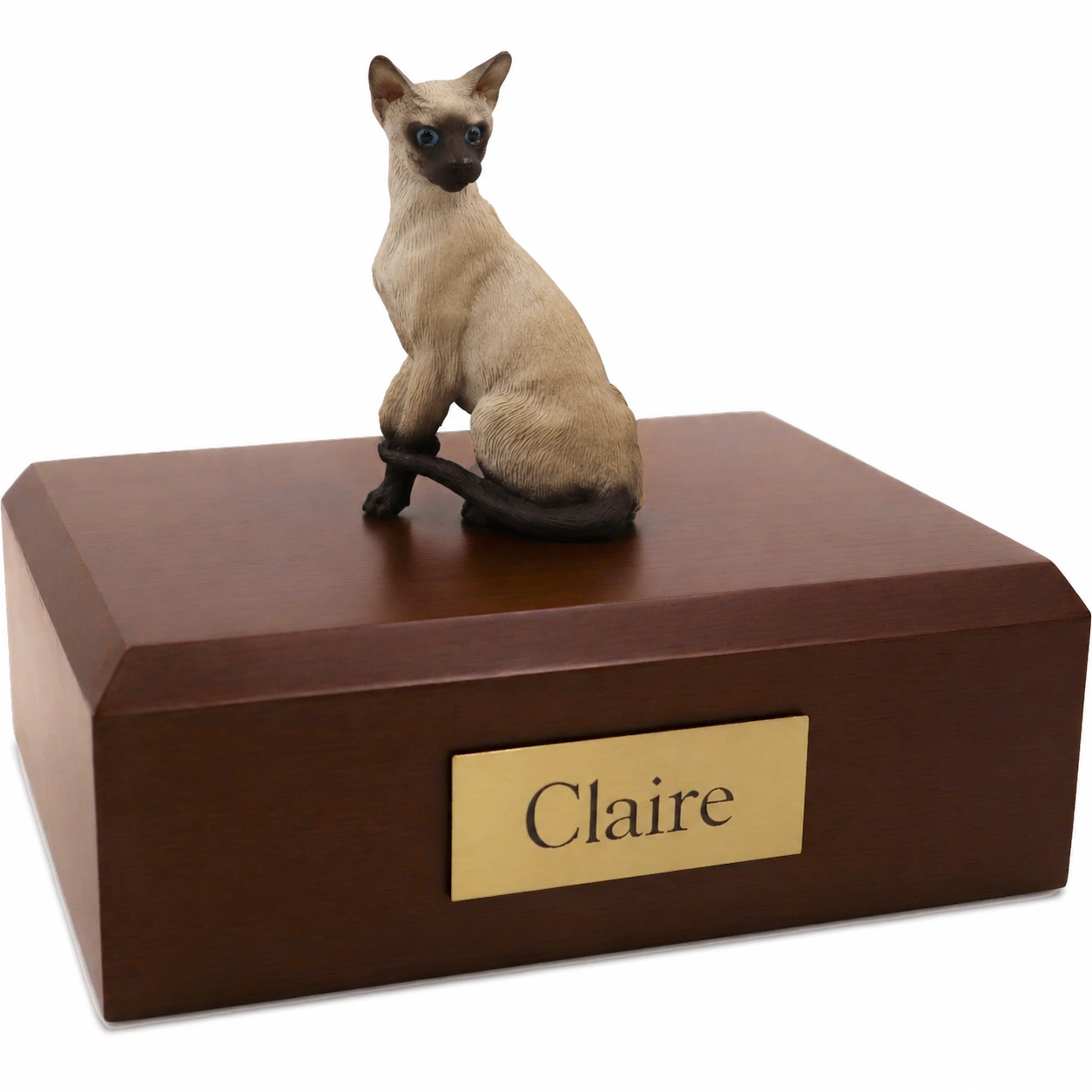 Memorial cremation urn with sitting Siamese cat figurine, walnut finish