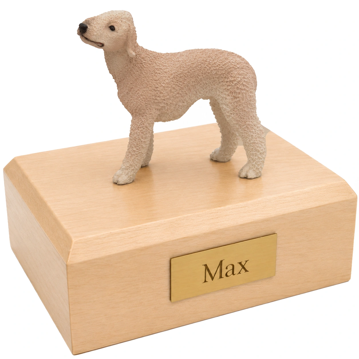 Memorial cremation urn with standing Bedlington Terrier dog figurine, maple finish