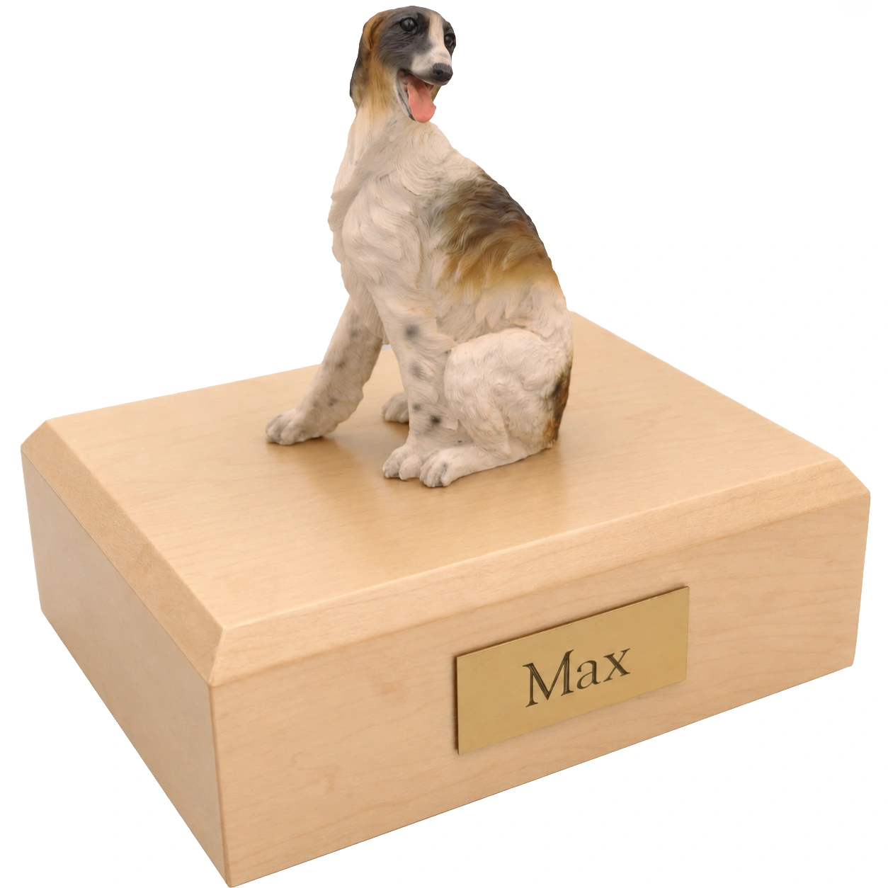 Memorial cremation urn with sitting Borzoi dog figurine, maple finish