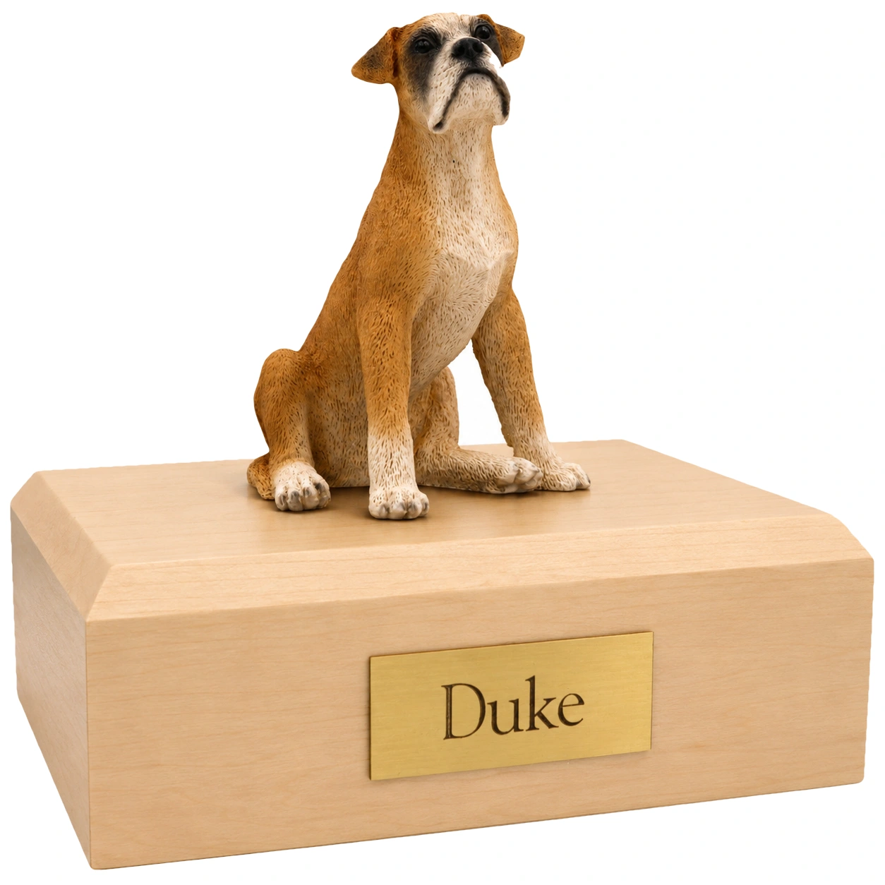 Memorial cremation urn with sitting ears down Boxer dog figurine, maple finish