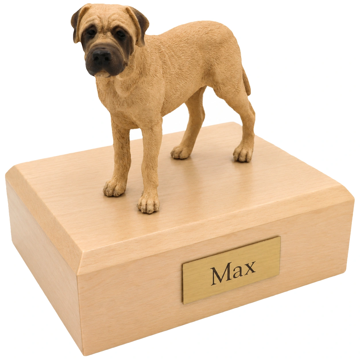 Memorial cremation urn with standing Bull Mastiff dog figurine, maple finish