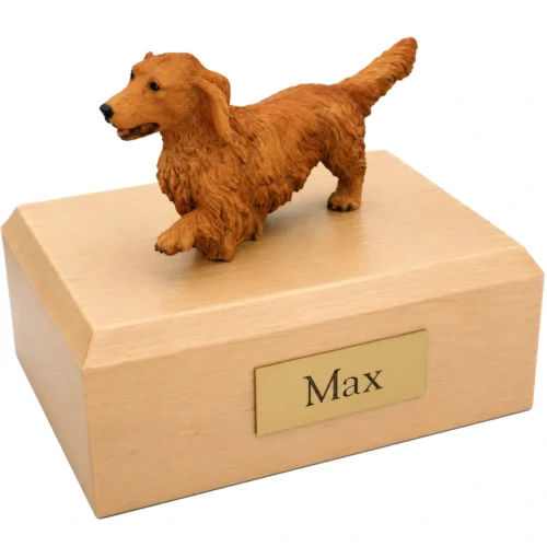 Memorial cremation urn with walking red Dachshund dog figurine, maple finish