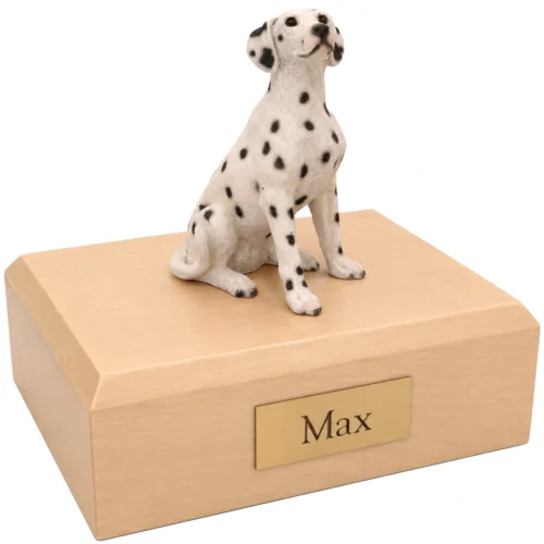 Memorial cremation urn with sitting Dalmatian dog figurine, maple finish