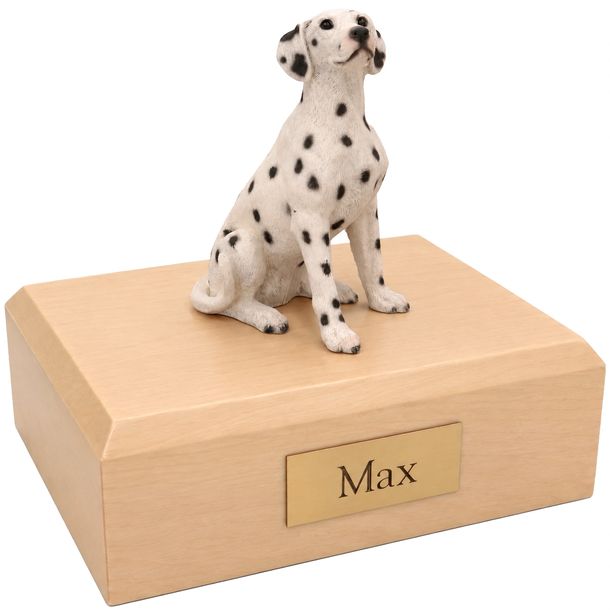 Memorial cremation urn with sitting Dalmatian dog figurine, maple finish