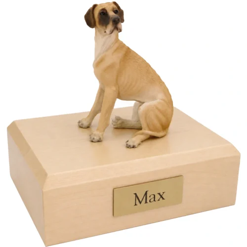 Memorial cremation urn with sitting fawn Great Dane dog figurine, maple finish