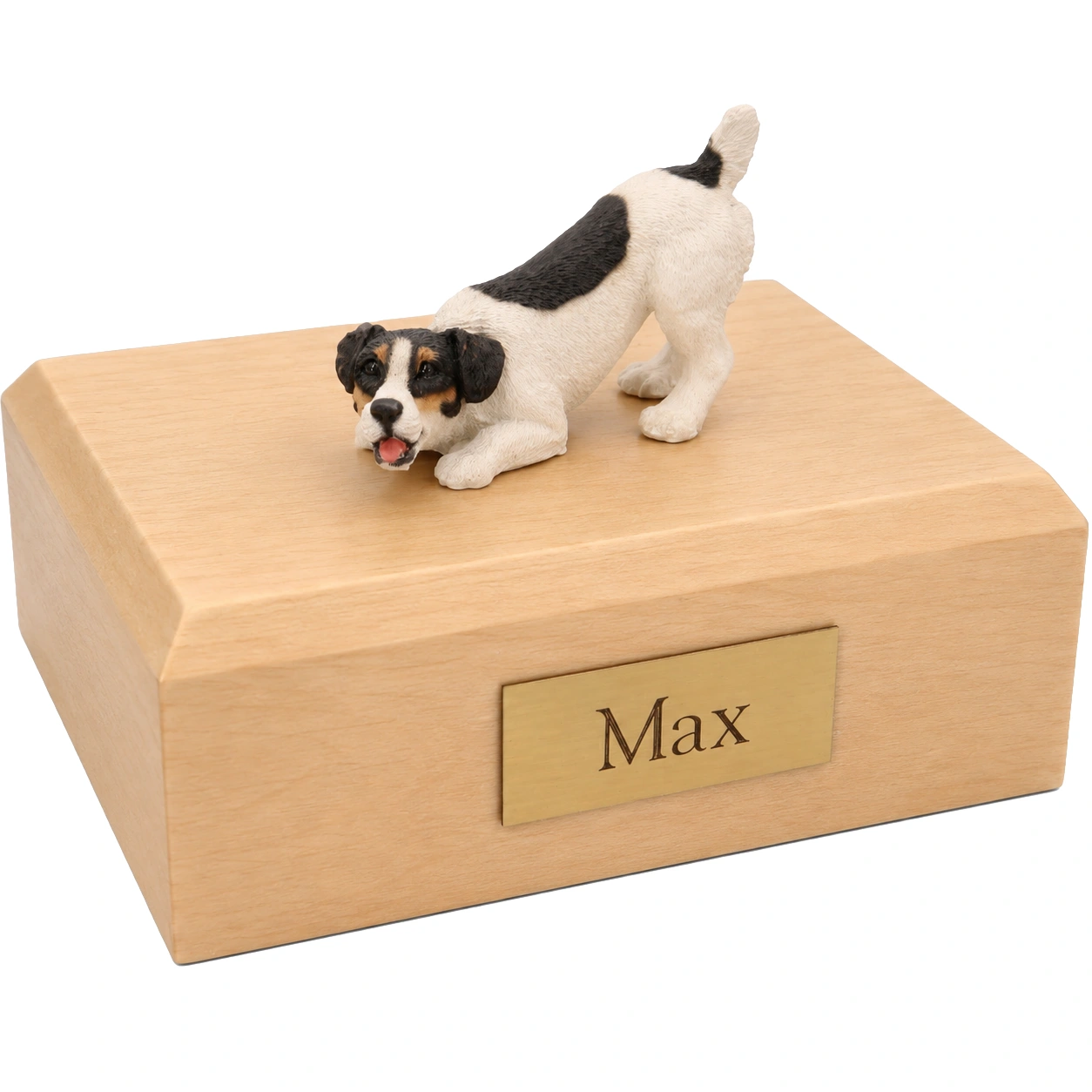 Memorial cremation urn with playful black and white Jack Russell Terrier dog figurine, maple finish