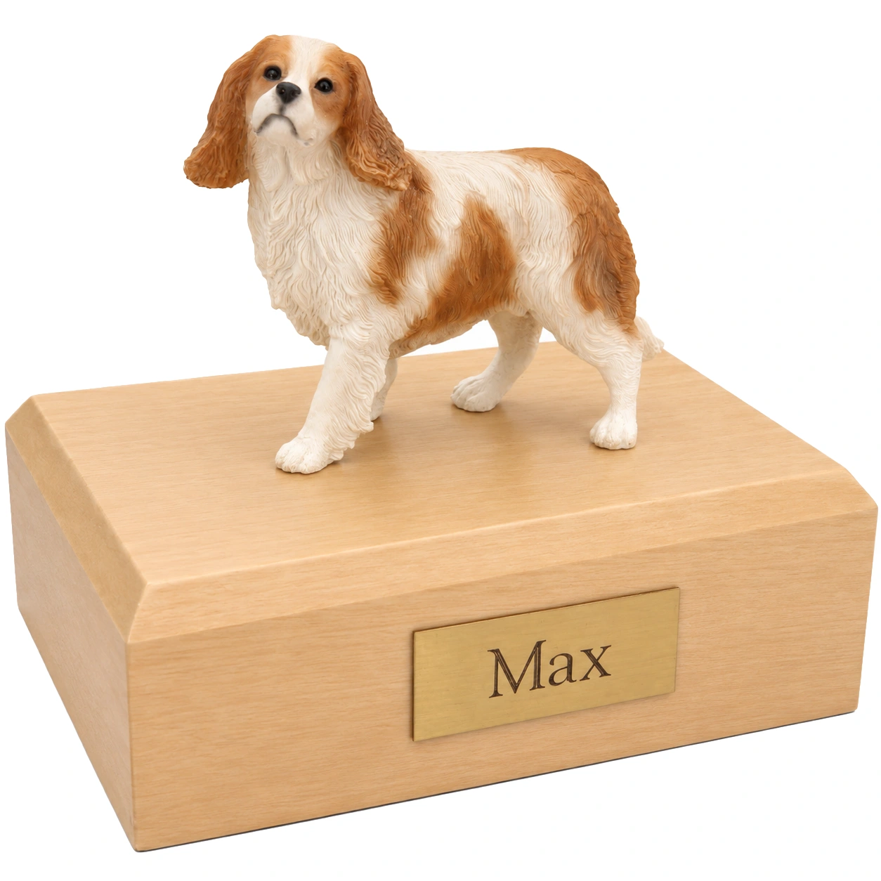 Memorial cremation urn with standing red and white King Charles Spaniel dog figurine, maple finish