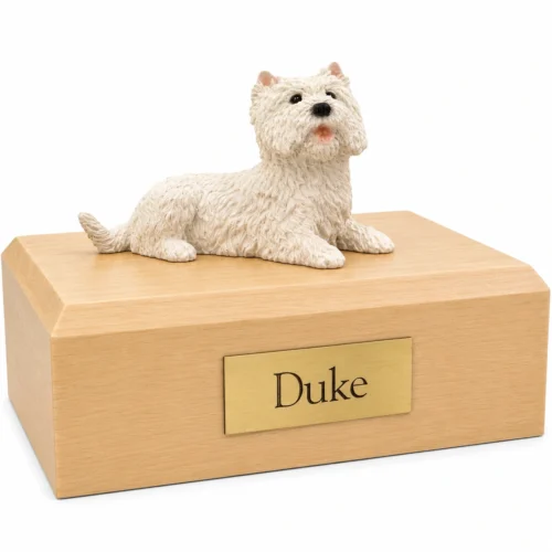 Memorial cremation urn with laying West Highland Terrier dog figurine, maple finish
